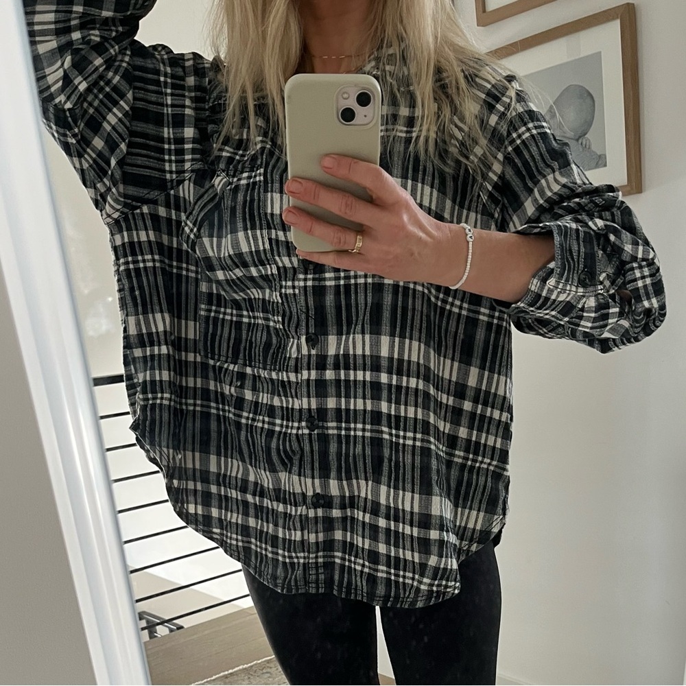 We The Free/Free People Black and White Plaid Button-Down Shirt